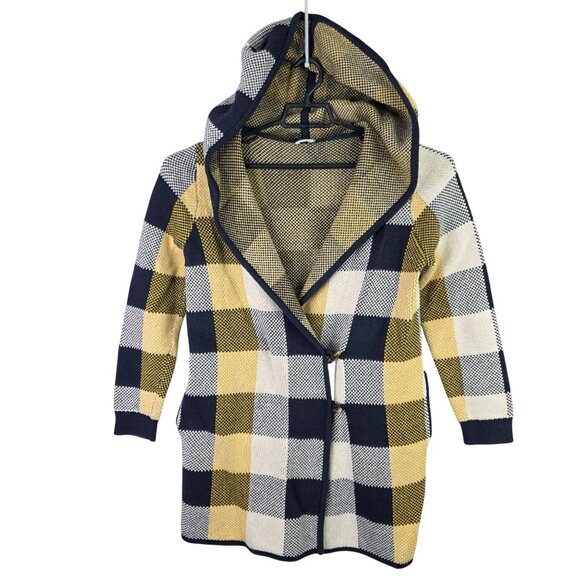 Womens Cabi Hooded Yellow Blue White Plaid Cardigan Sweater Acrylic & Cotton M - Picture 1 of 7